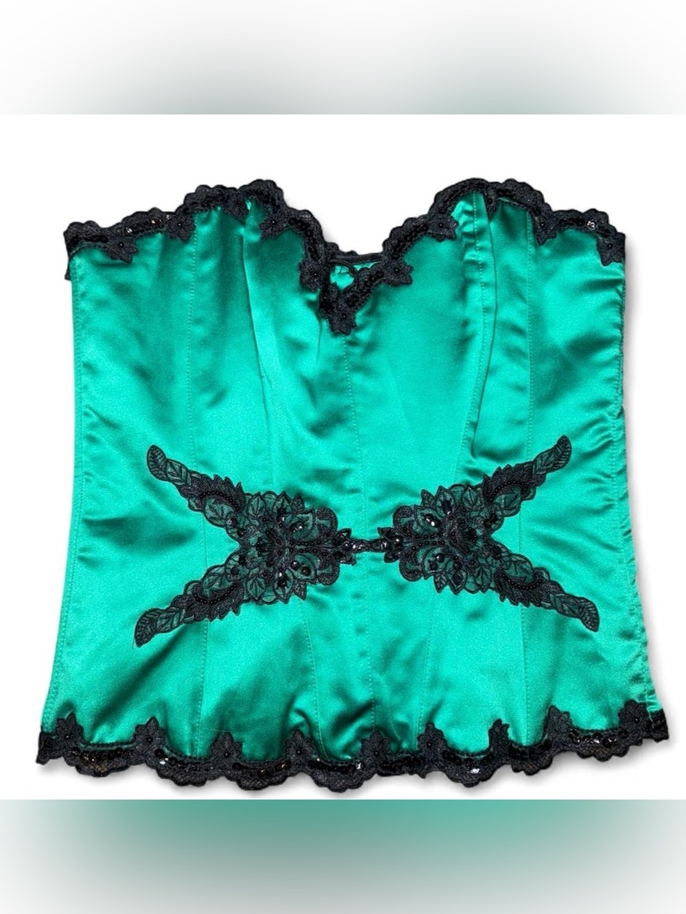 Fredrick’s of Hollywood Y2K emerald green satin corset black lace appliqué SZ 1X